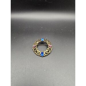 Antique Gold Tone 1928?  Blue Purple Rhinestone Circle Wreath Brooch Pin